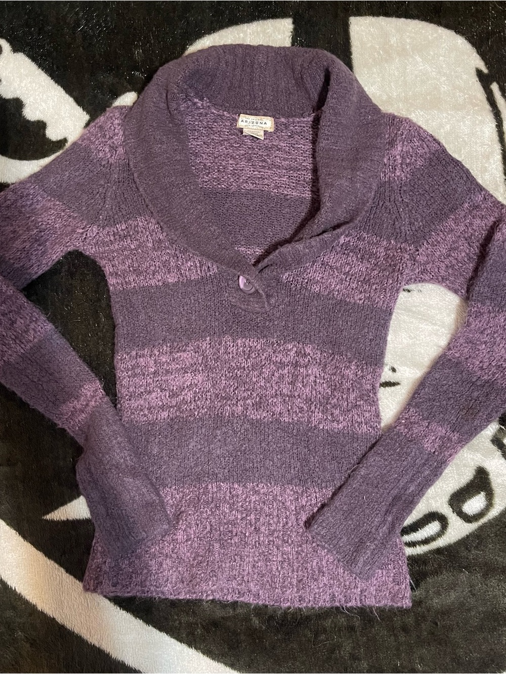 Vintage Y2K Arizona Jean Company Purple Striped Cowl-Neck Fuzzy Knit Sweater